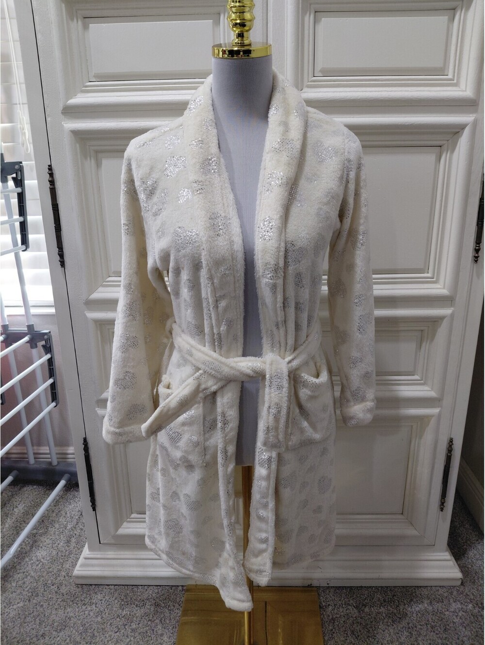 Wonder Nation Fleece Robe Rhinestone Polka Dot Shawl Collar Tie Belted XL